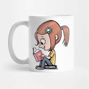 little girl sits on a book and reads enthusiastically Mug